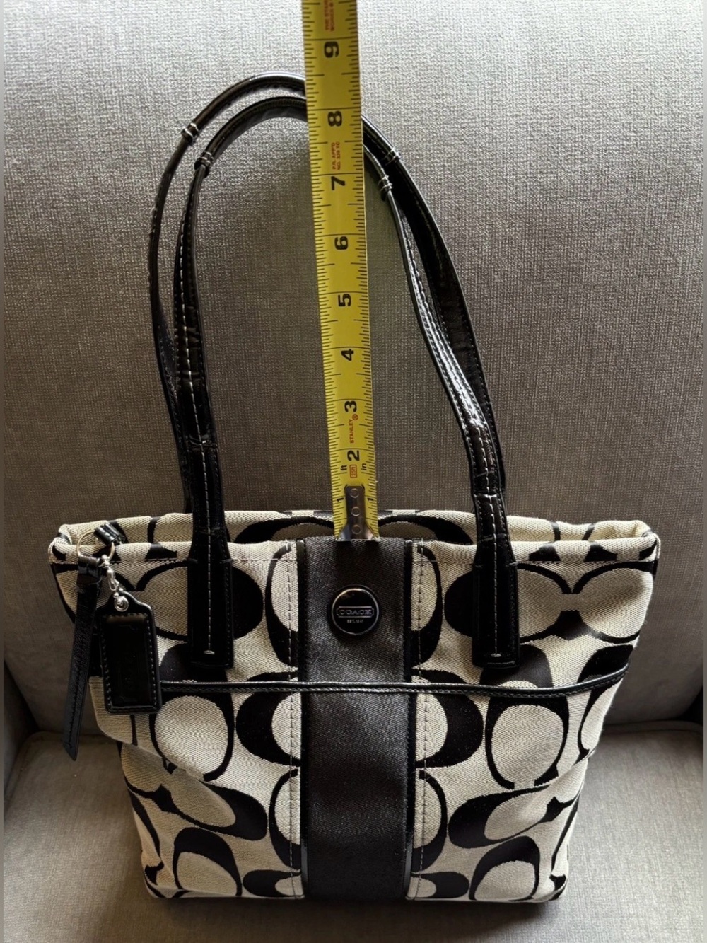 Coach F25771 Signature Stripe Tote Black/Khaki Patent Leather Trim Shoulder Bag - Picture 7 of 16